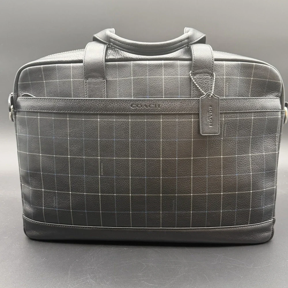 COACH Bag Briefcase Business Men's Leather Black F71561 HUDSON Rare Plaid NWOT